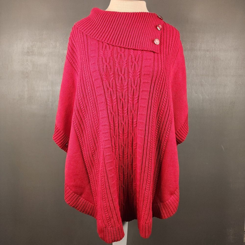 NEW‎ Allison Daley Red Cable Knit Poncho Sweater XL Cowl Neck Button Detail Cape